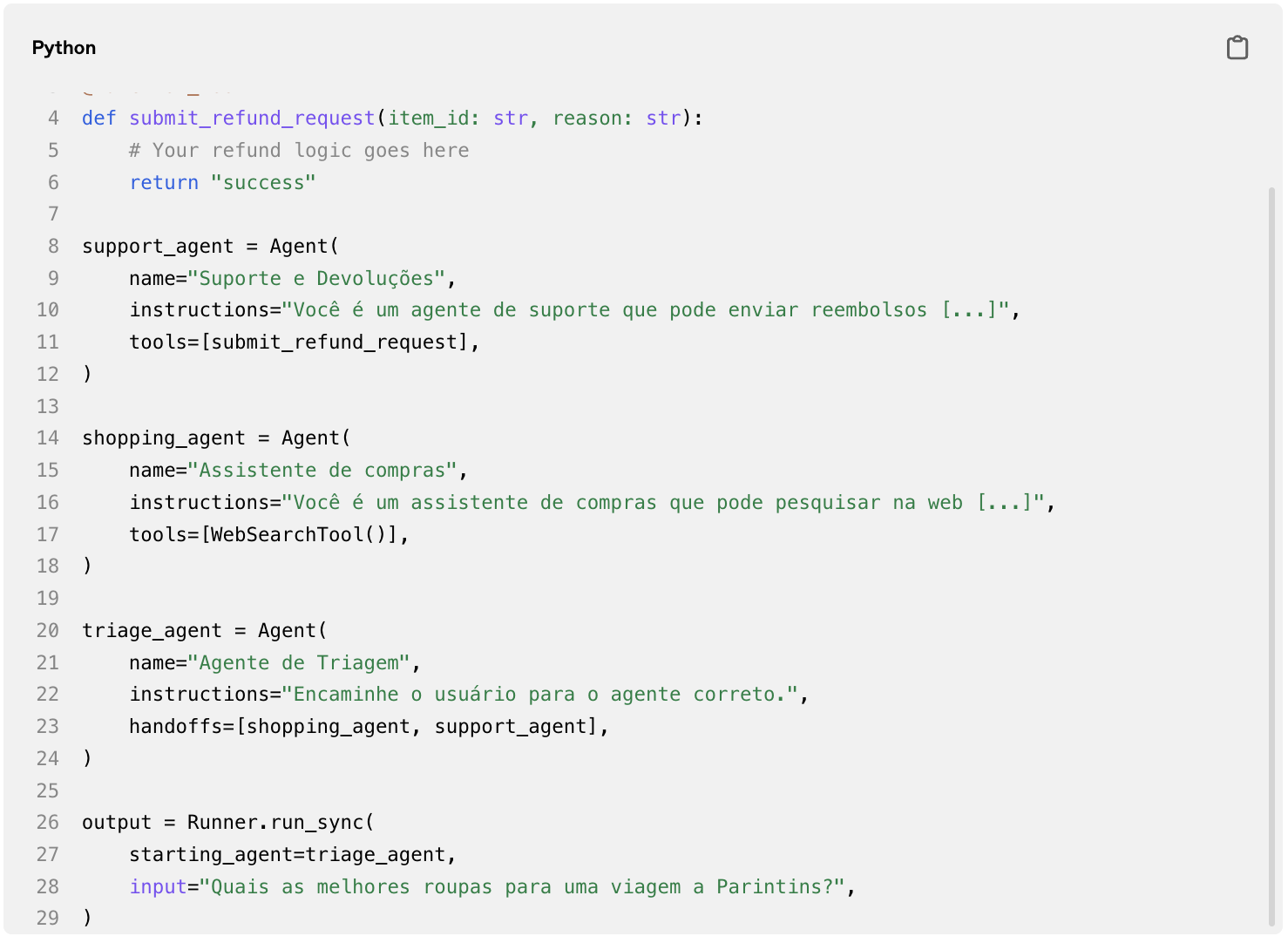 Exemplo de código do recurso Agents SDK da Openai 2025